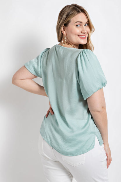 Satin Top With Ruffle Yoke And Puff Sleeves