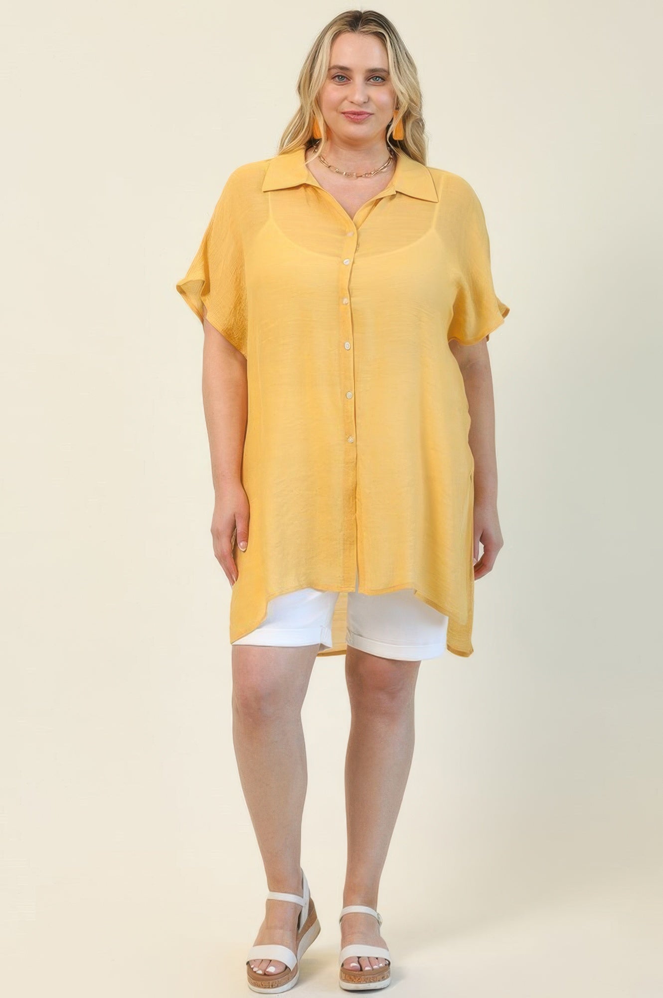 Solid Button Down Loose Fit Long Shirts With Side Slits
