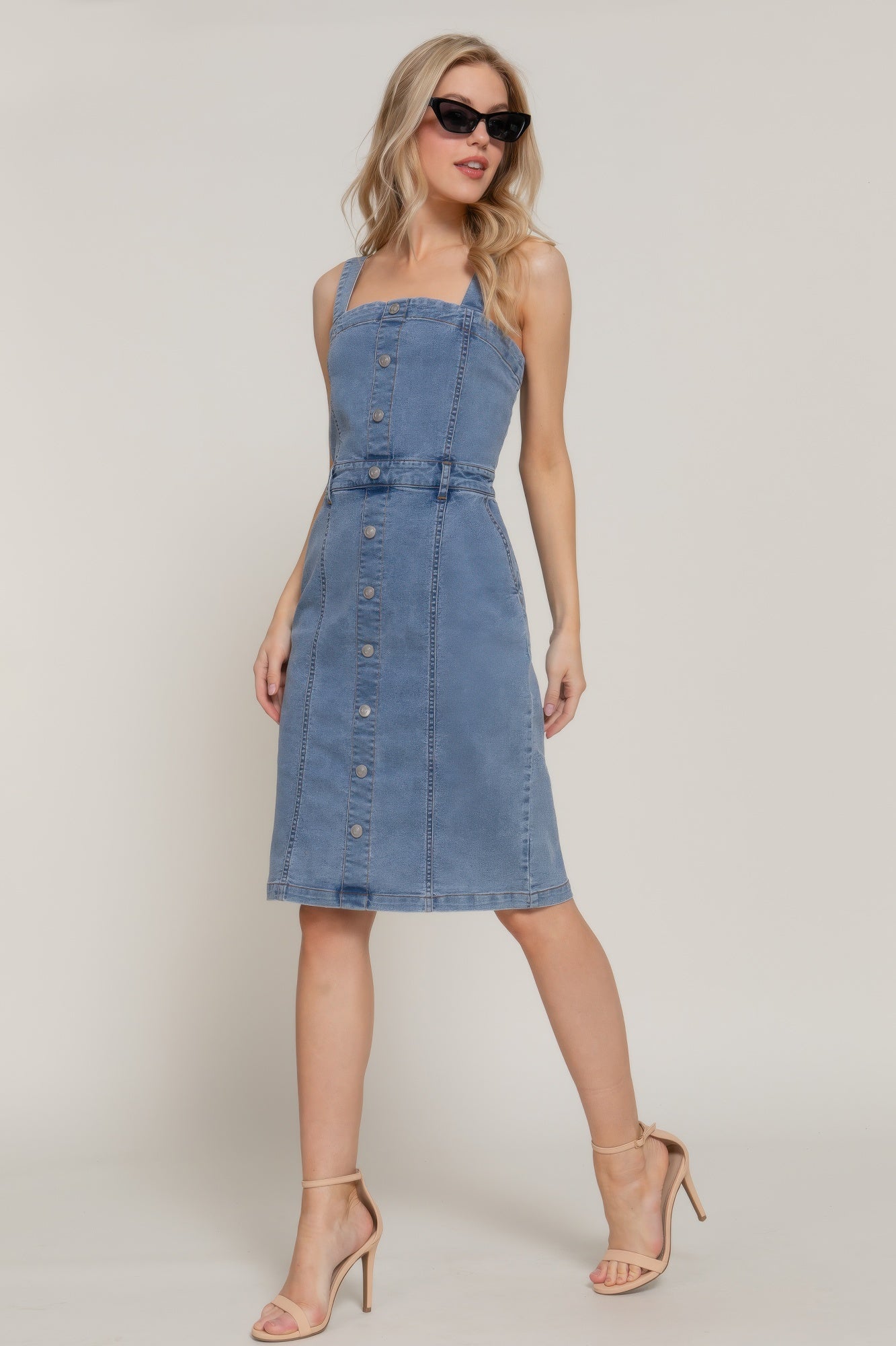 Button Down Placket Stretch Denim Dress         