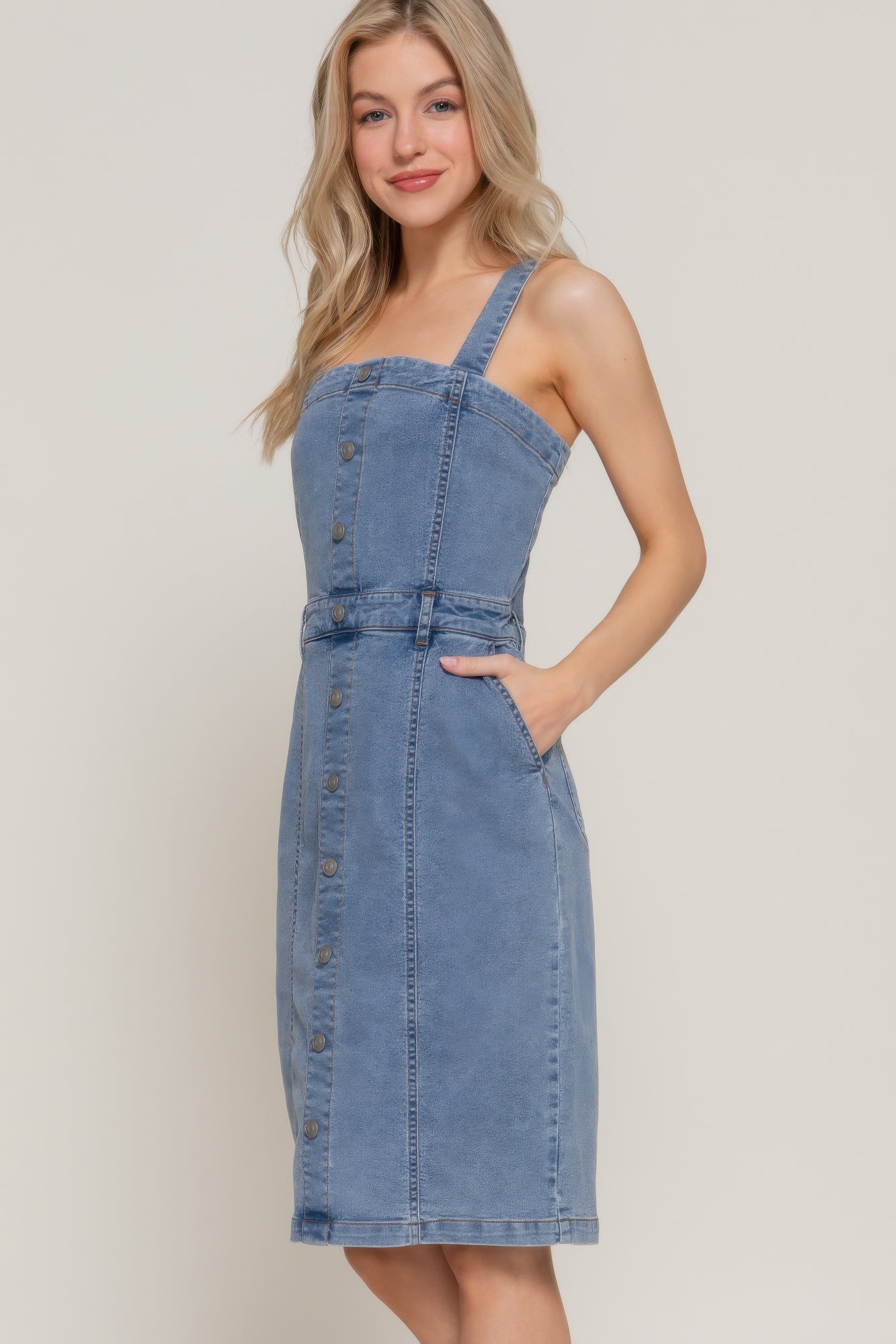 Button Down Placket Stretch Denim Dress         