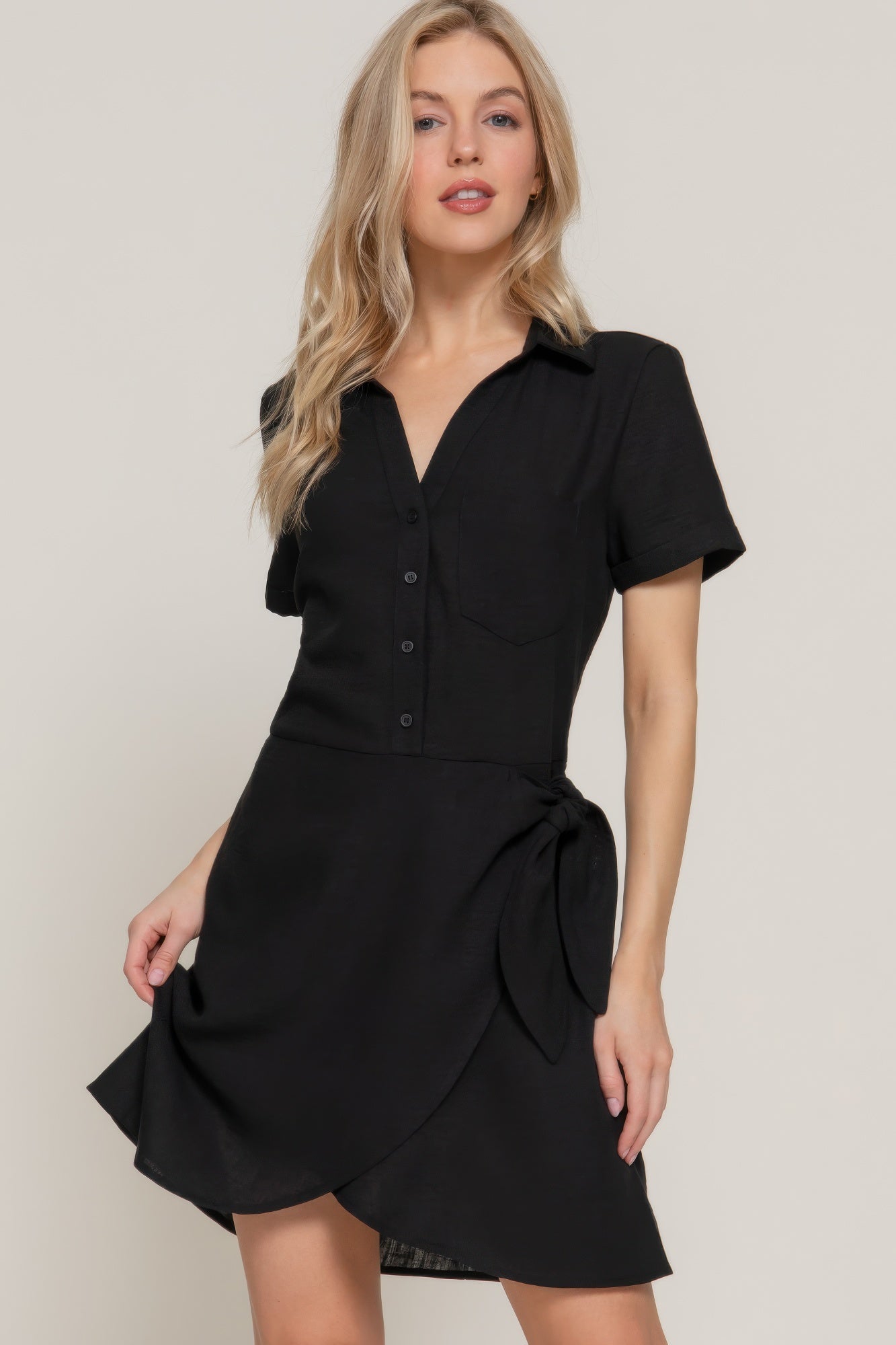 Button Down Side Bow Linen Effect Mini Dress         