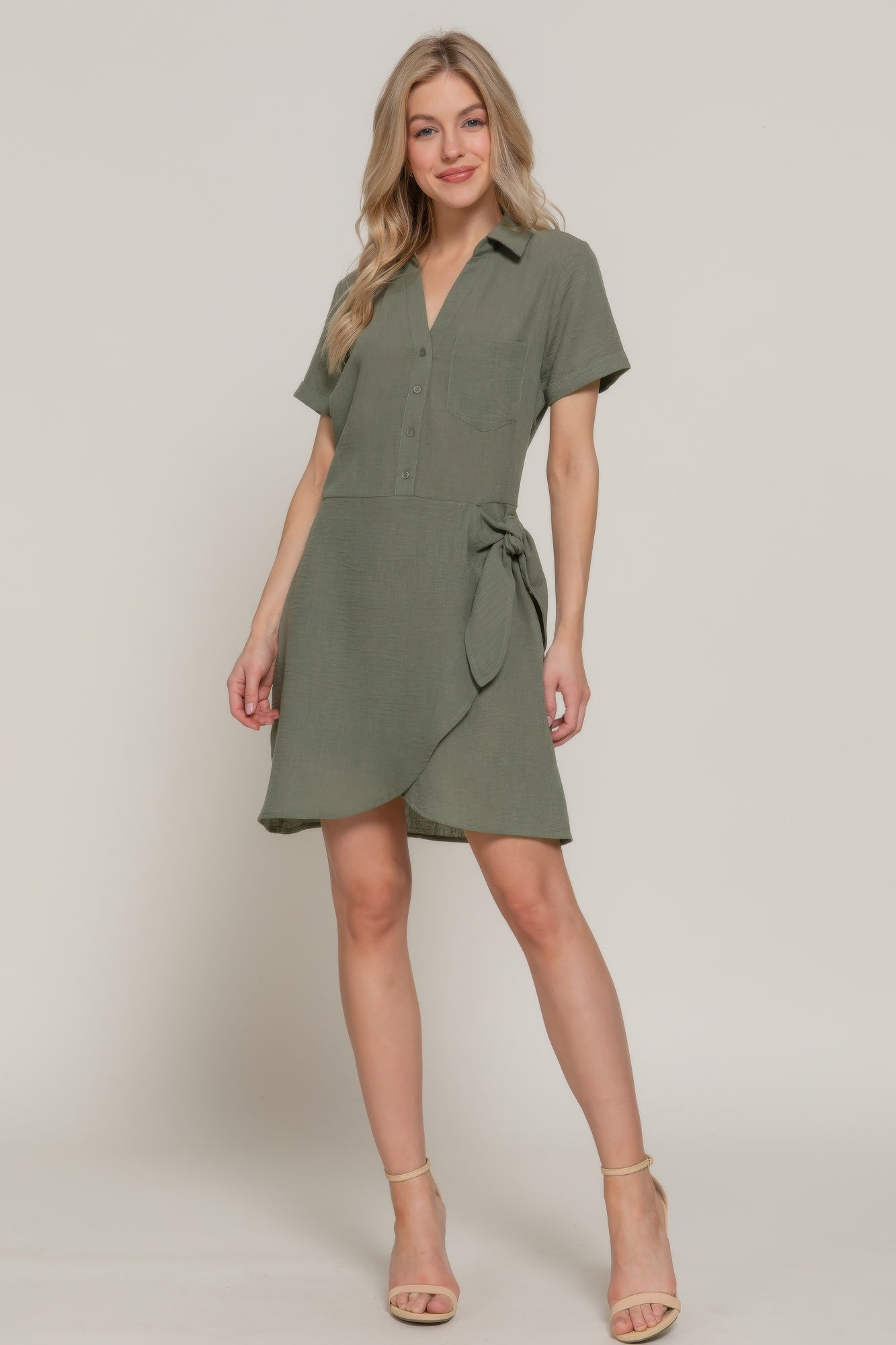 Button Down Side Bow Linen Effect Mini Dress         