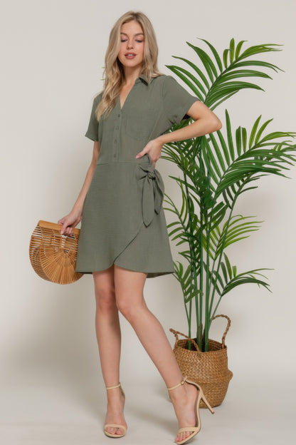 Button Down Side Bow Linen Effect Mini Dress         