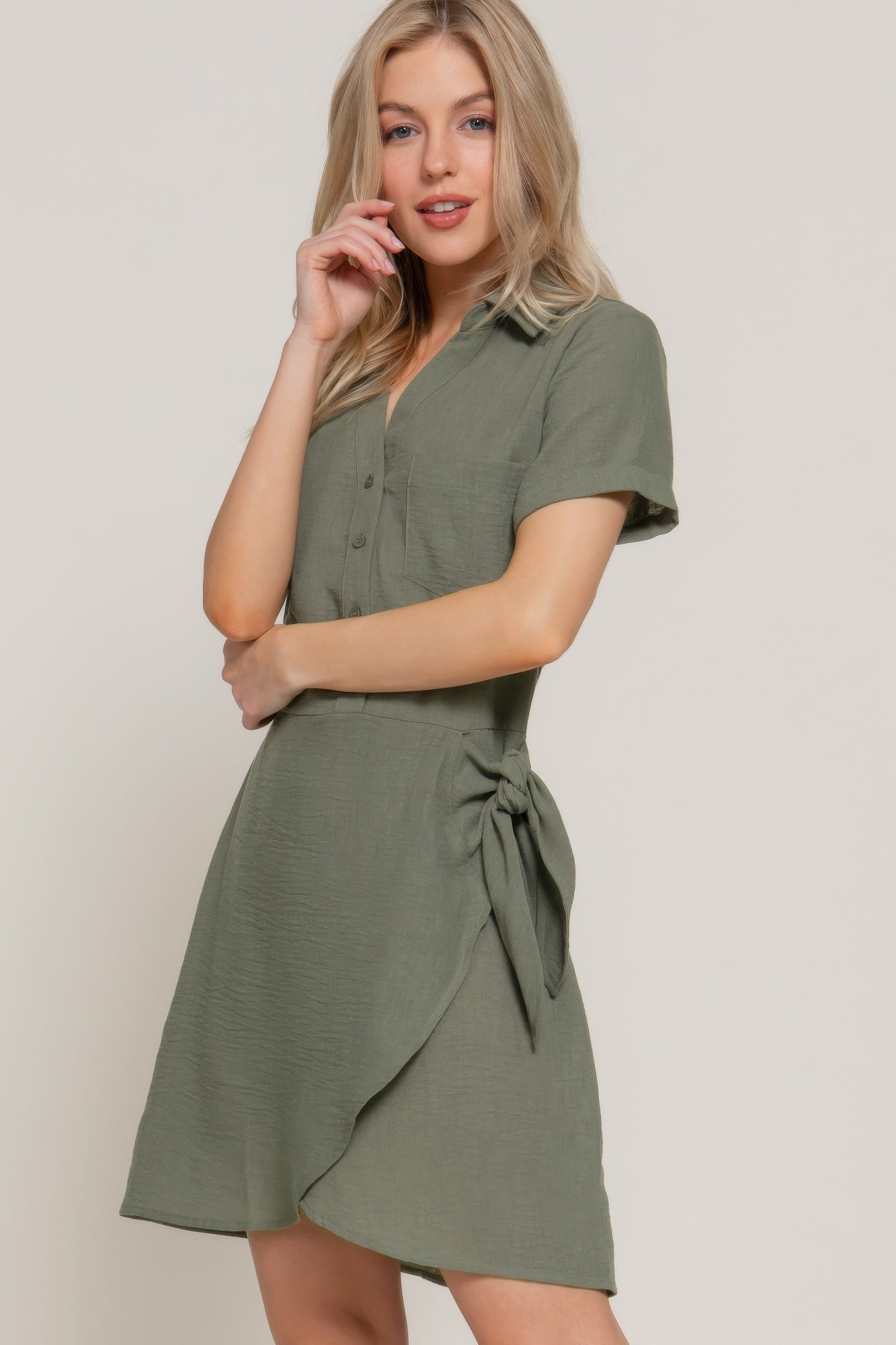 Button Down Side Bow Linen Effect Mini Dress         