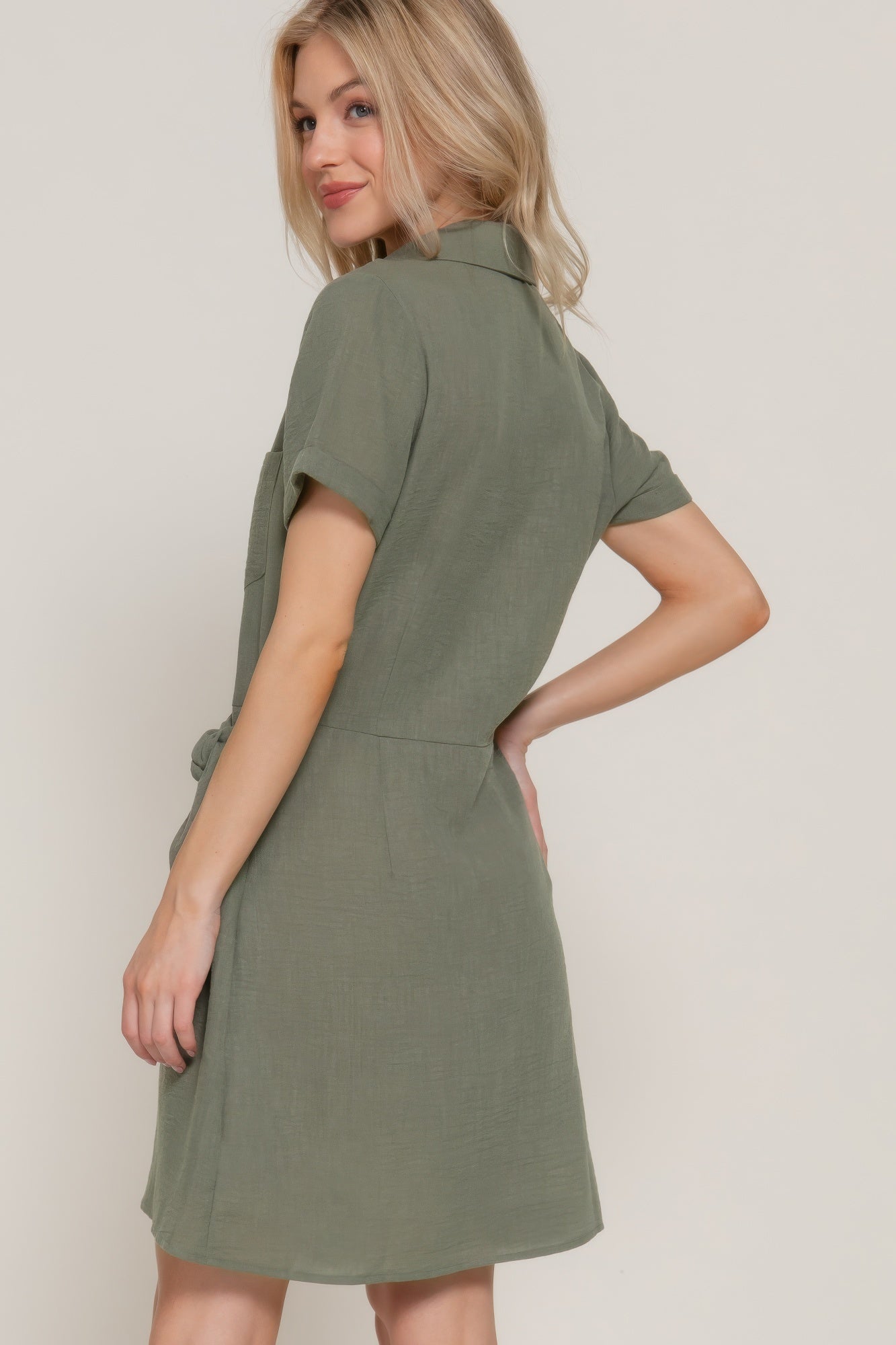 Button Down Side Bow Linen Effect Mini Dress         