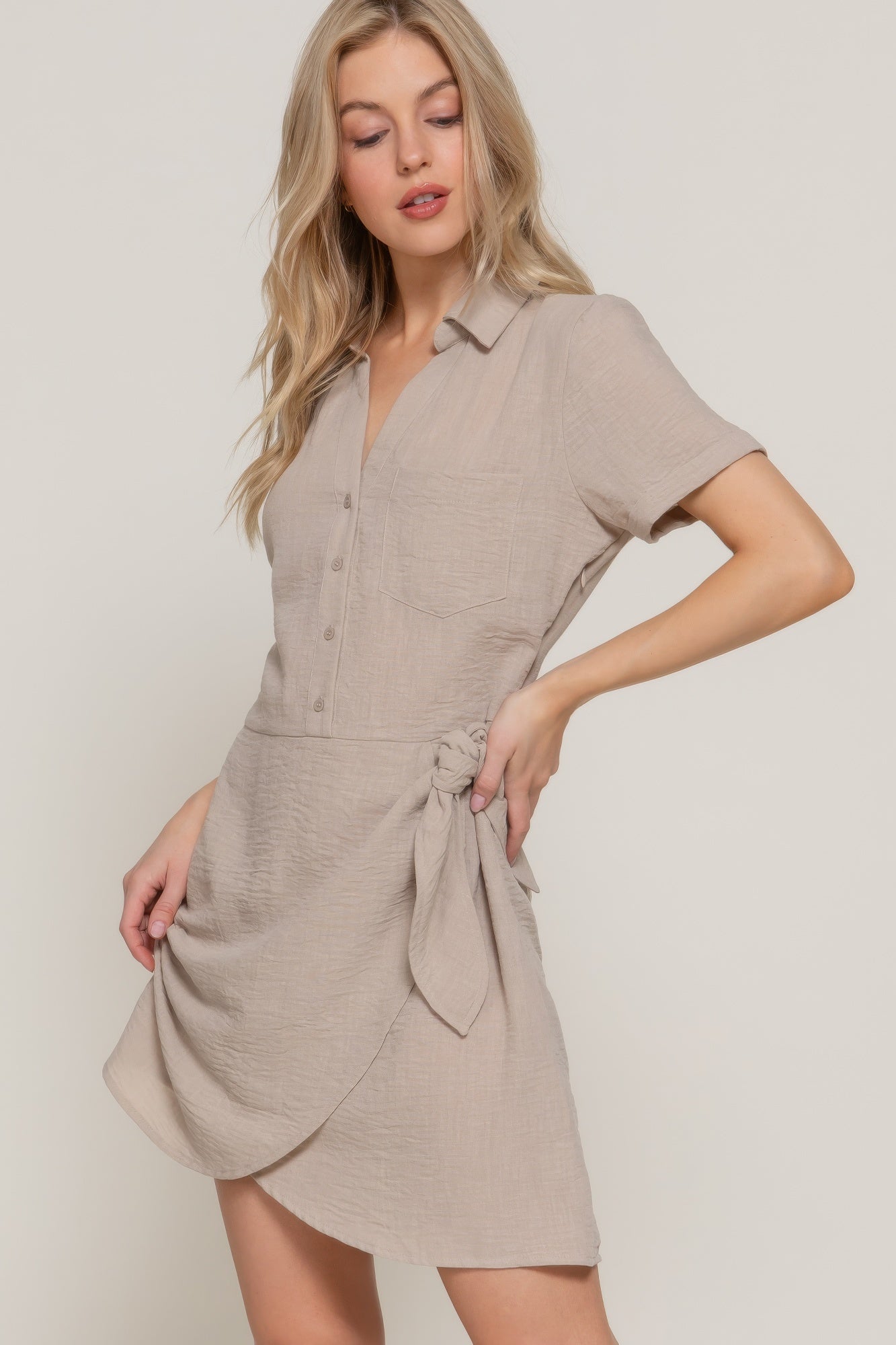 Button Down Side Bow Linen Effect Mini Dress         