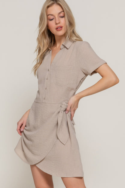 Button Down Side Bow Linen Effect Mini Dress         