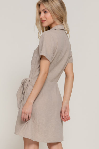 Button Down Side Bow Linen Effect Mini Dress         