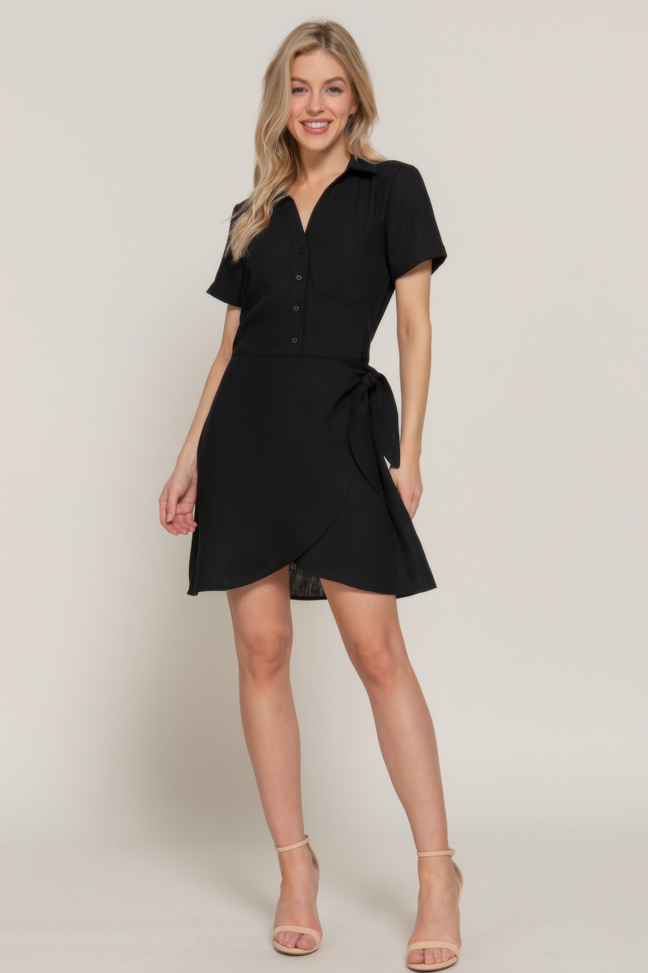 Button Down Side Bow Linen Effect Mini Dress         