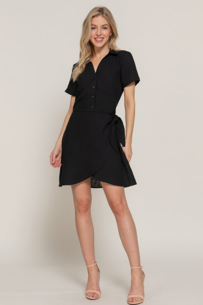 Button Down Side Bow Linen Effect Mini Dress         