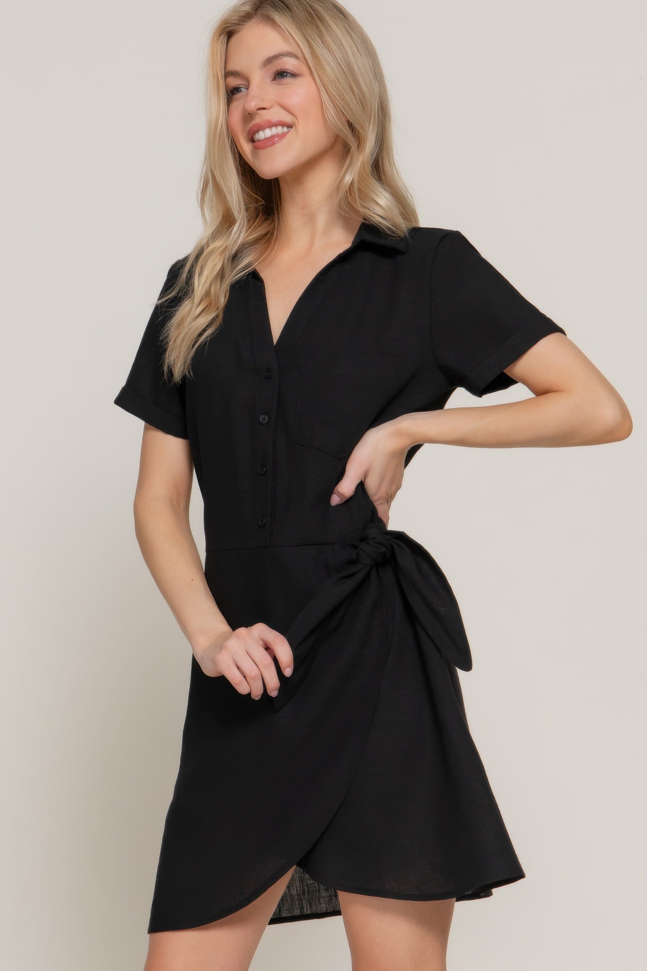 Button Down Side Bow Linen Effect Mini Dress         