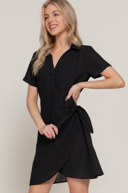Button Down Side Bow Linen Effect Mini Dress         