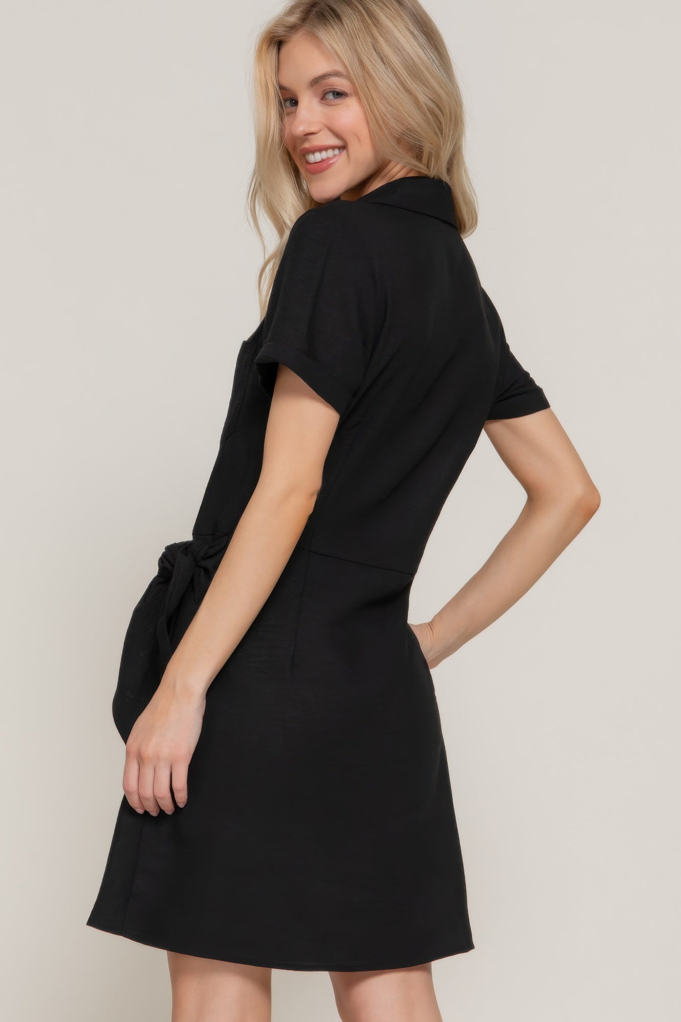 Button Down Side Bow Linen Effect Mini Dress         
