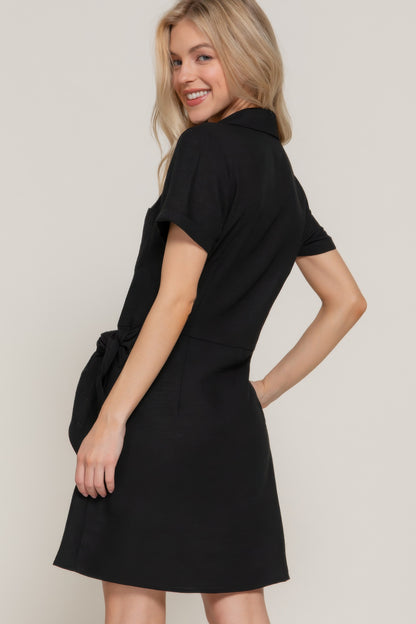 Button Down Side Bow Linen Effect Mini Dress         