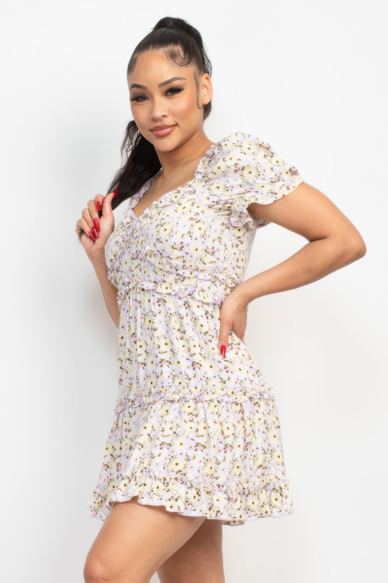 Ruffled Floral Puff Sleeve Dress