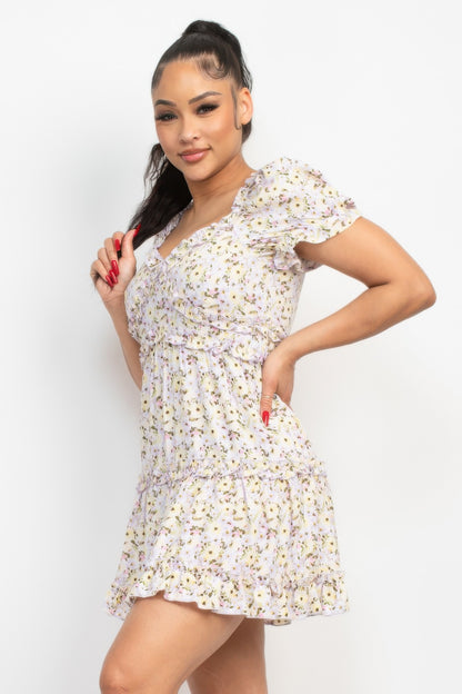 Ruffled Floral Puff Sleeve Dress