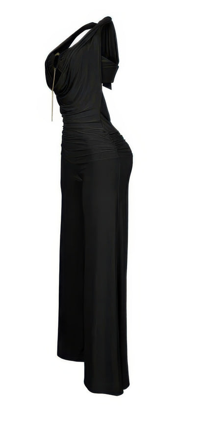 Plunge Cowl Neck Drape Sexy Jumpsuit With O Ring