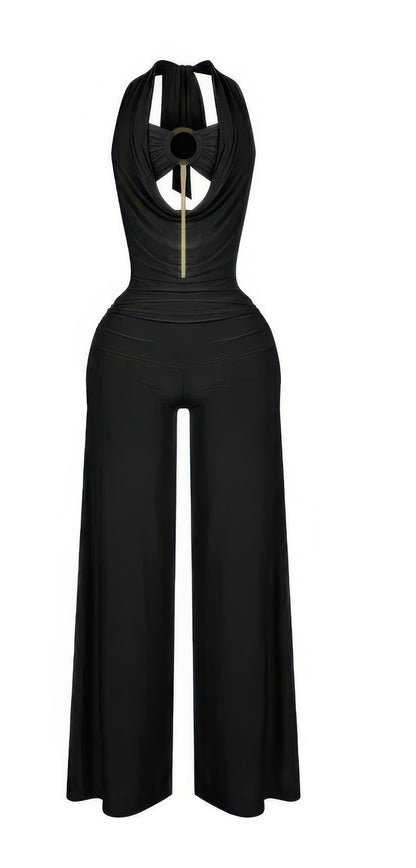 Plunge Cowl Neck Drape Sexy Jumpsuit With O Ring