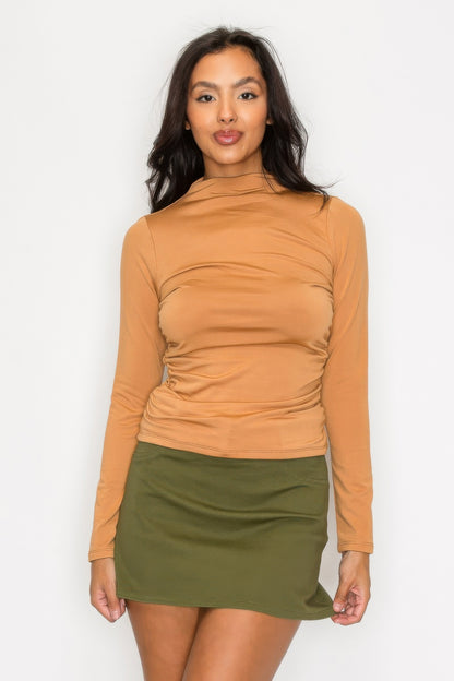 Mock Neck Ruched Solid Top