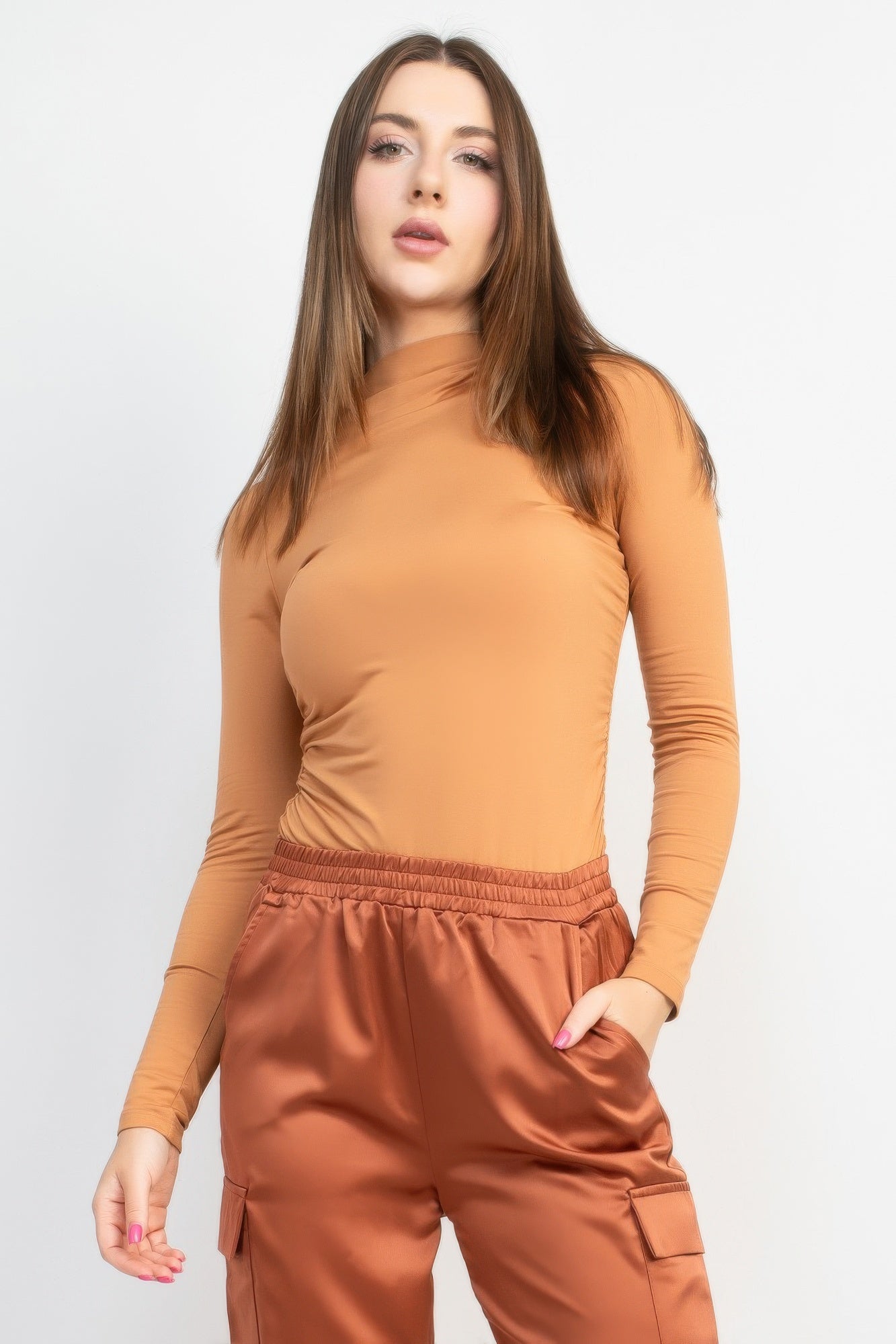Mock Neck Ruched Solid Top