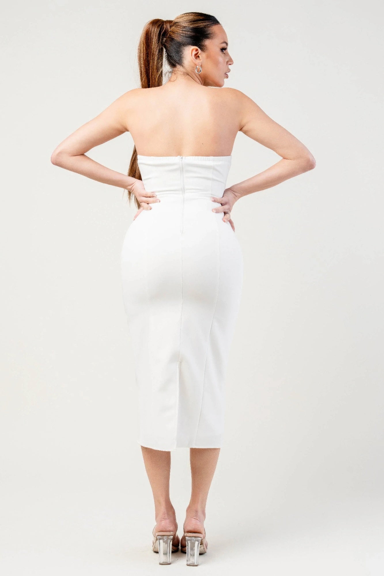 Thick Stretch Woven Sweetheart Neck Tube Midi Dress With Pocket Flap