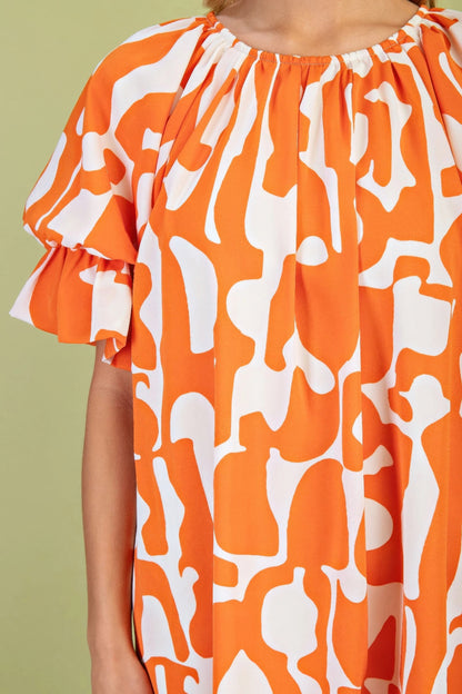 Geometric Print Loose Fit Mini Dress With Gathered Balloon Sleeves