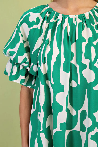Geometric Print Loose Fit Mini Dress With Gathered Balloon Sleeves