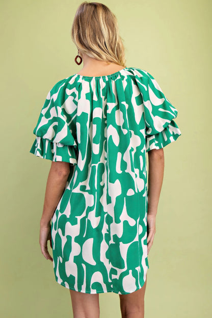 Geometric Print Loose Fit Mini Dress With Gathered Balloon Sleeves