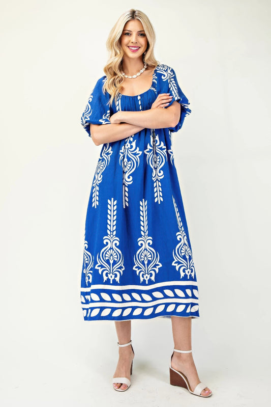 Printed Midi Dress With Short Puff Sleeves