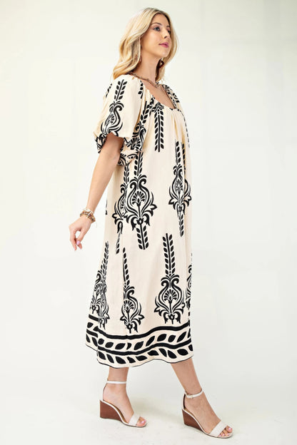 Printed Midi Dress With Short Puff Sleeves