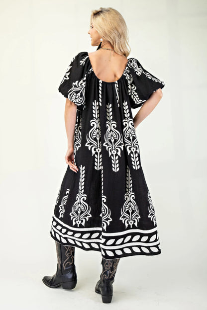 Printed Midi Dress With Short Puff Sleeves