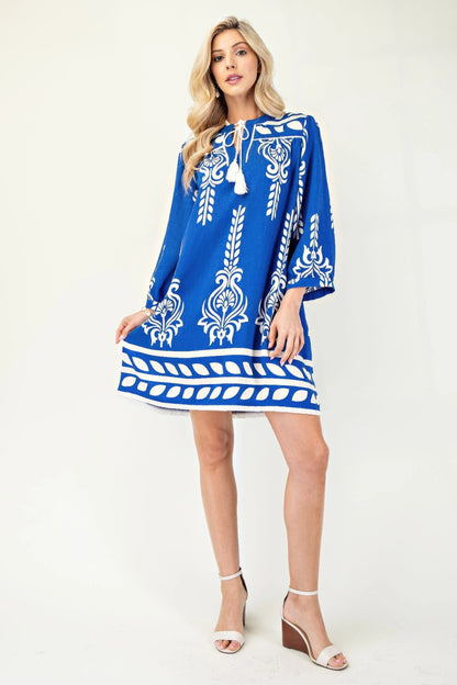 Printed 3/4 Sleeve Dress With Tassel Tie And Fringe Detail On Hem