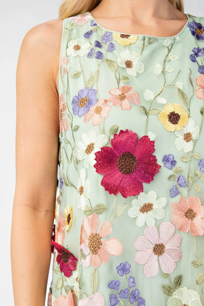 3d Floral Embroidered Sleeveless Mini Dress