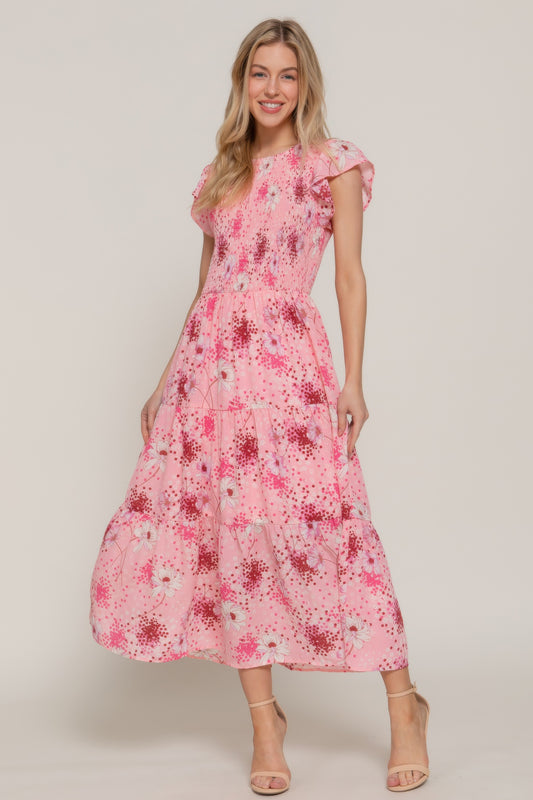 Ruffl Slv Smocked Floral Print Dresss         