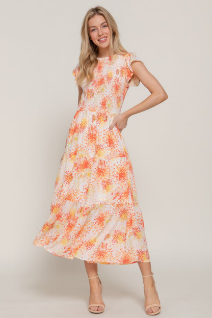 Ruffl Slv Smocked Floral Print Dresss         