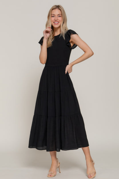 Ruffle Slv Smocked Solid Tired Dress         