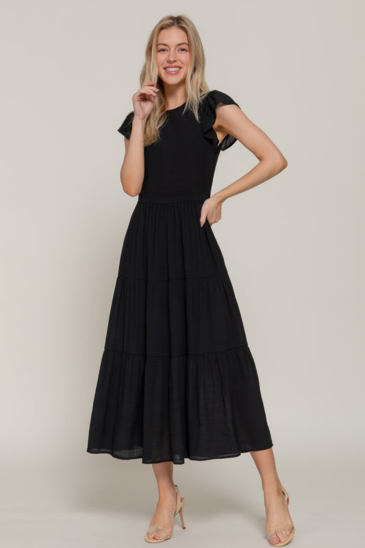 Ruffle Slv Smocked Solid Tired Dress         