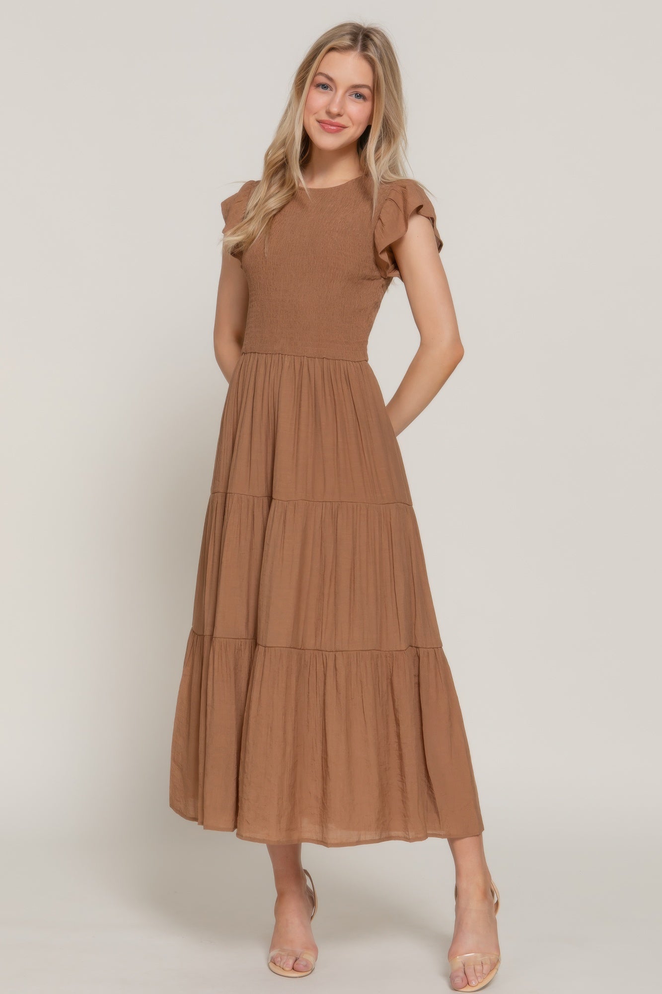 Ruffle Slv Smocked Solid Tired Dress         
