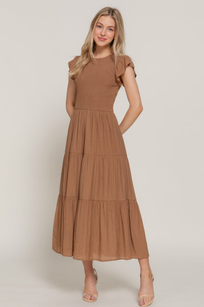 Ruffle Slv Smocked Solid Tired Dress         