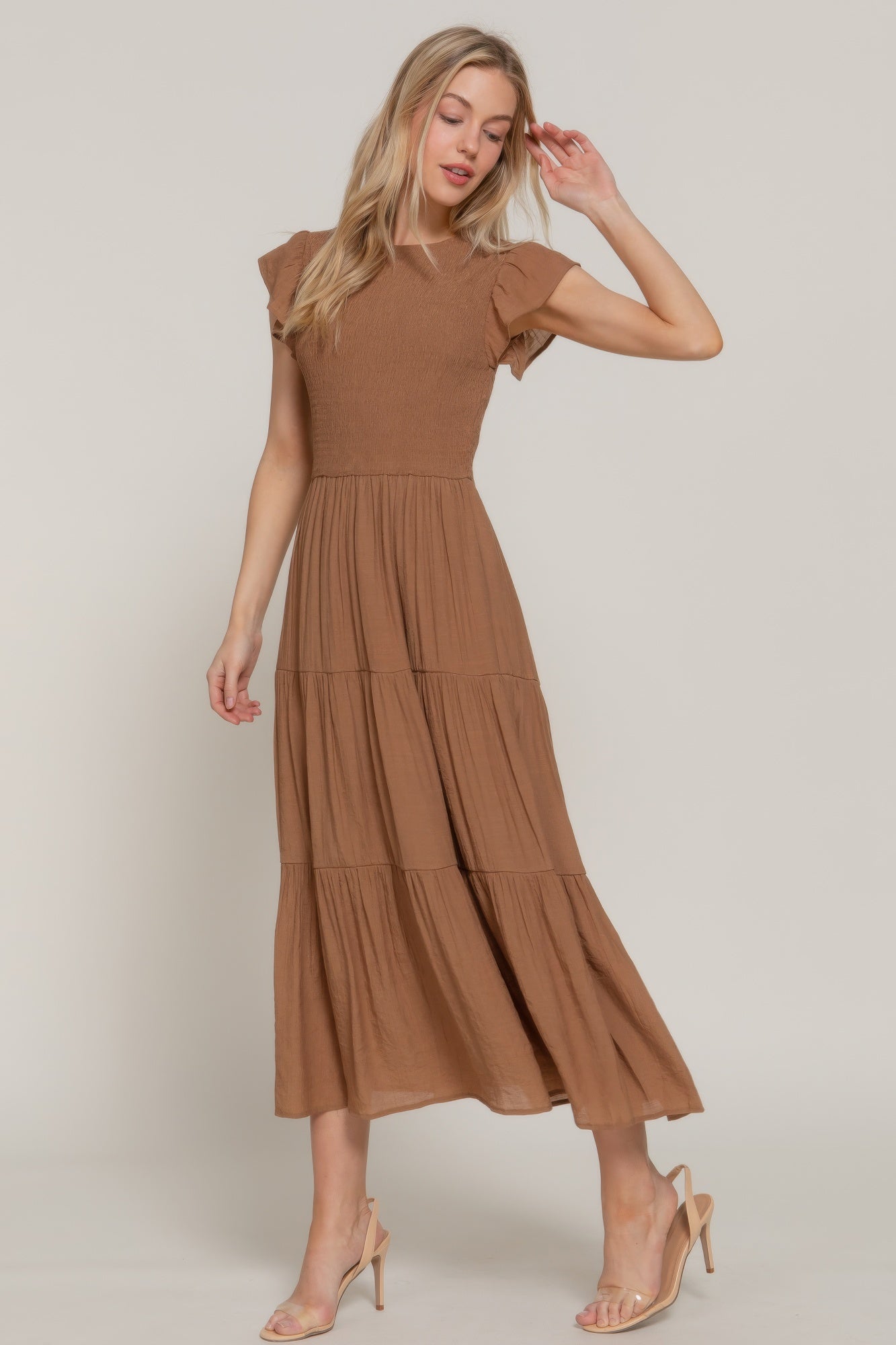 Ruffle Slv Smocked Solid Tired Dress         