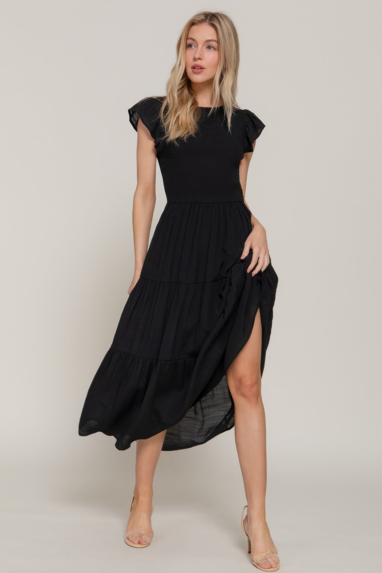 Ruffle Slv Smocked Solid Tired Dress         