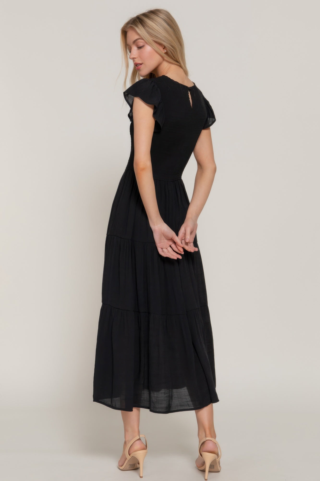 Ruffle Slv Smocked Solid Tired Dress         