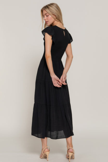 Ruffle Slv Smocked Solid Tired Dress         