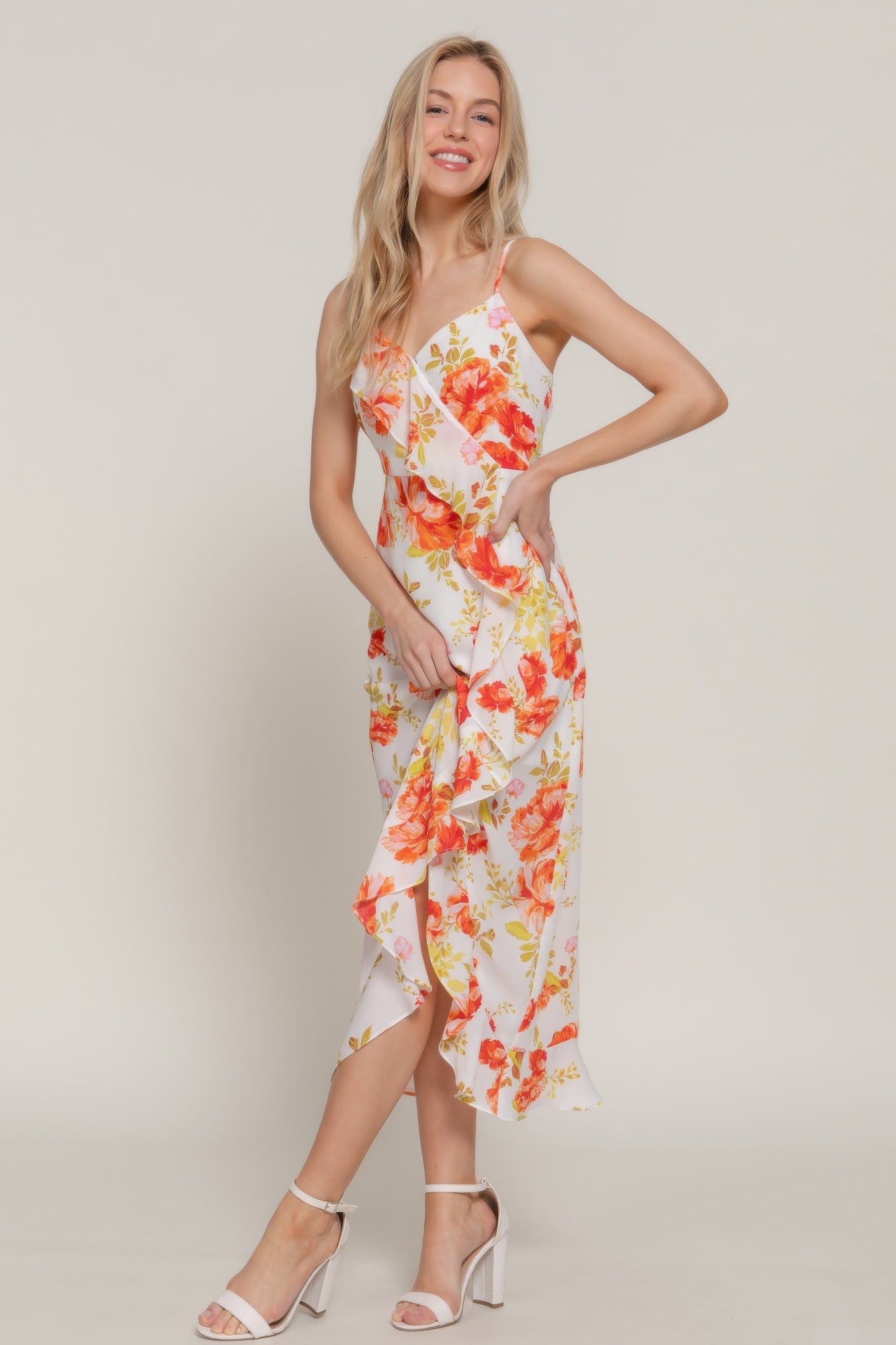 Floral Print Ruffle Slip Midi Dress      