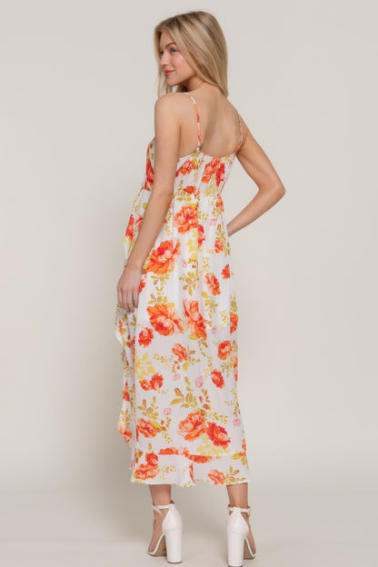 Floral Print Ruffle Slip Midi Dress      