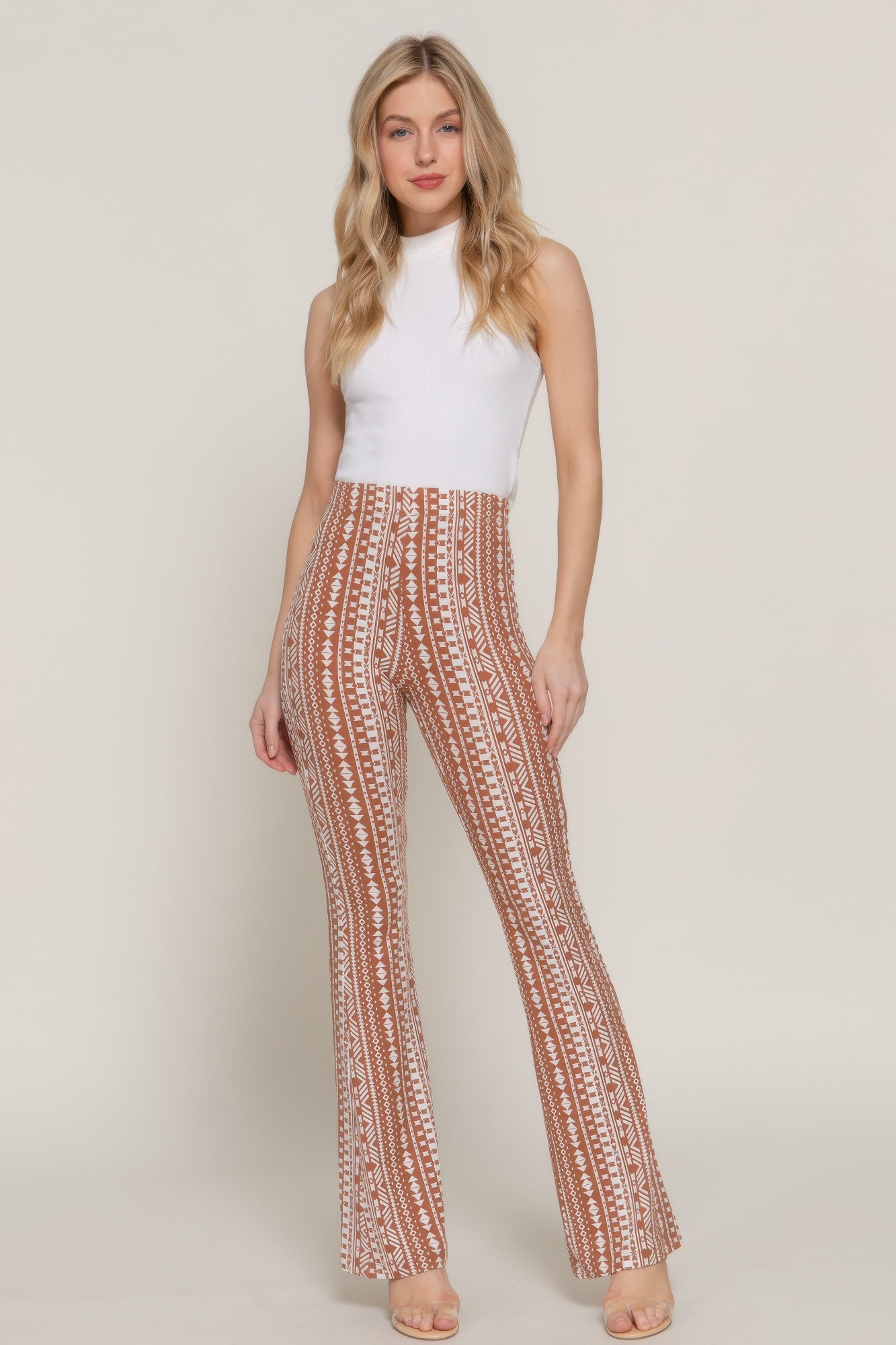 Waist Elastic Slim Flare Print Pants       