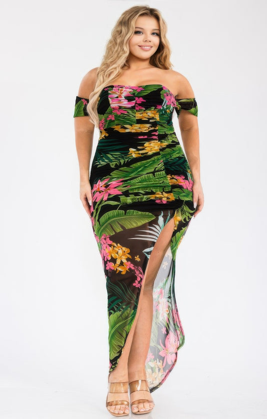 Plus Tropical Off Shoulder Draped Slv Maxi Dress 