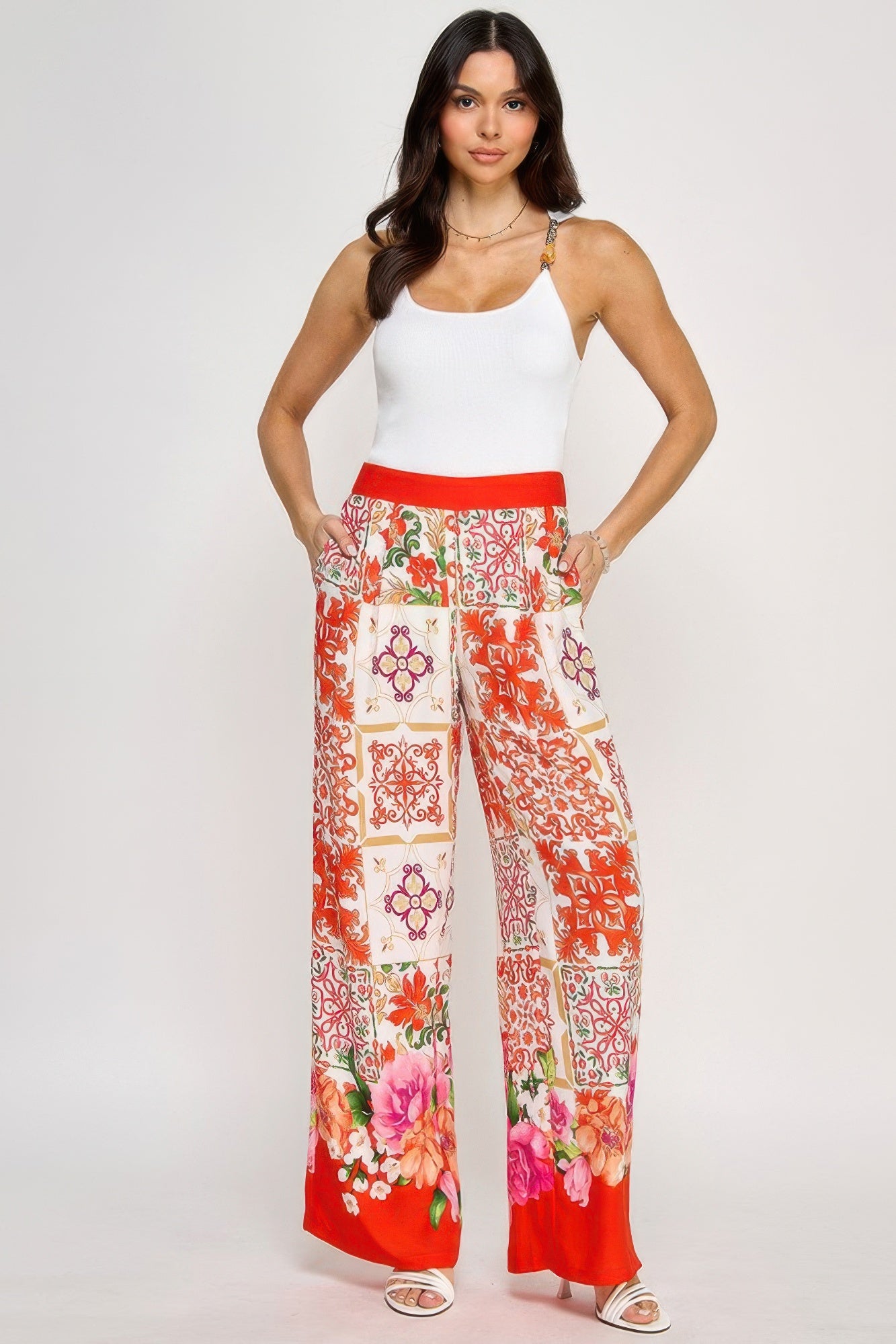 Printed Wide Leg Pants With Elastic Back