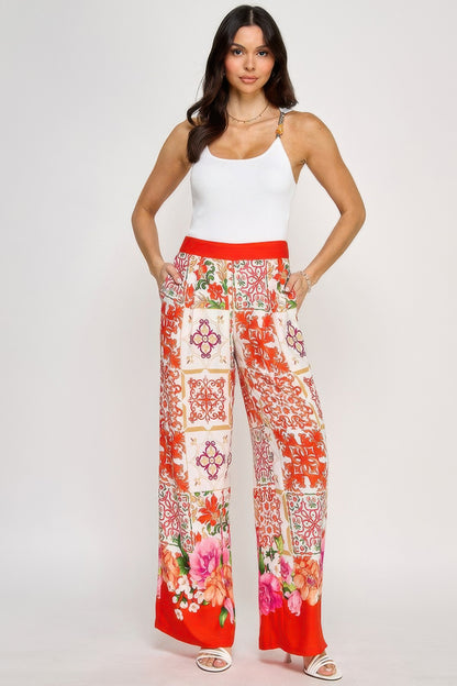 Printed Wide Leg Pants With Elastic Back