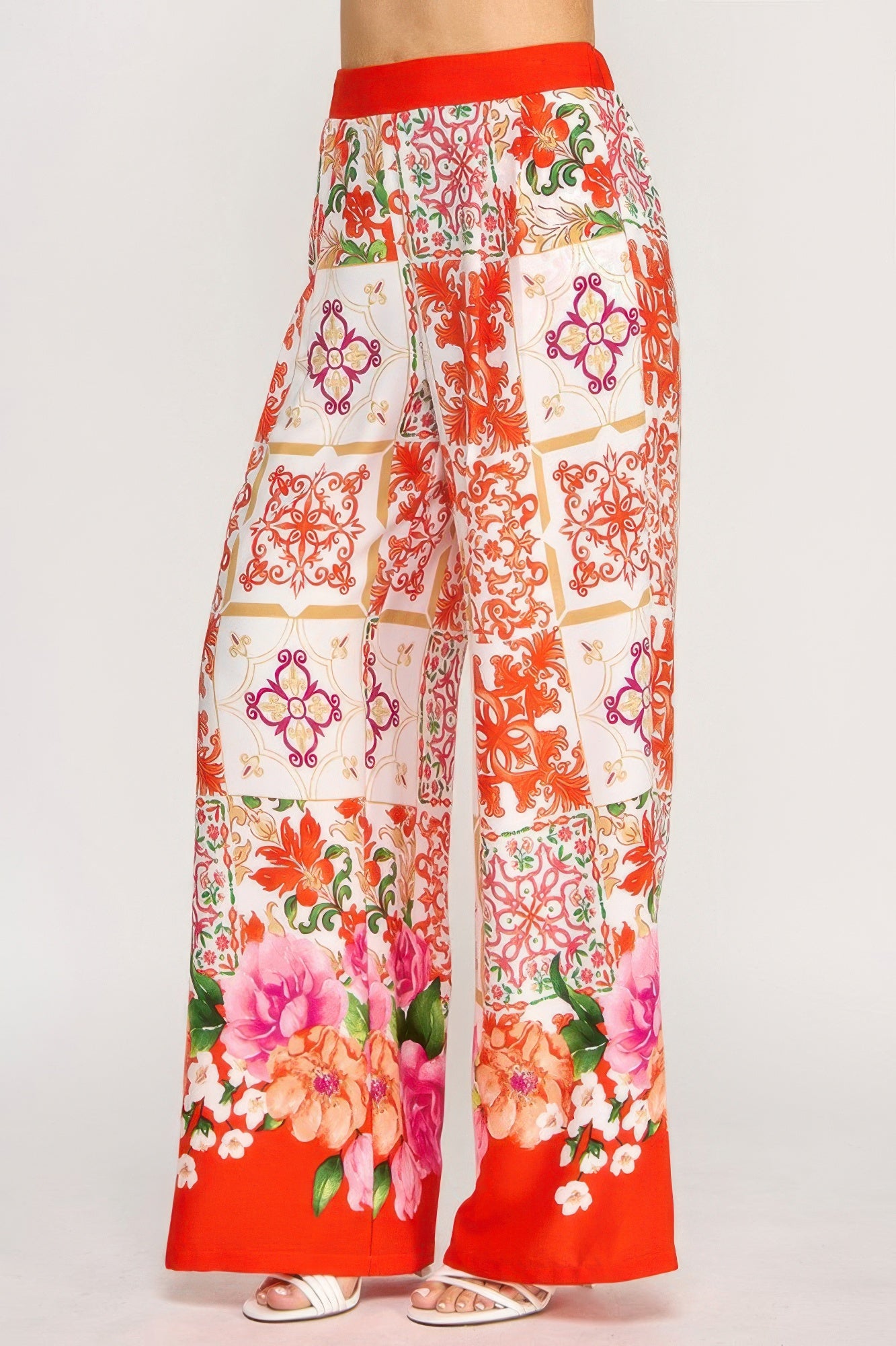 Printed Wide Leg Pants With Elastic Back
